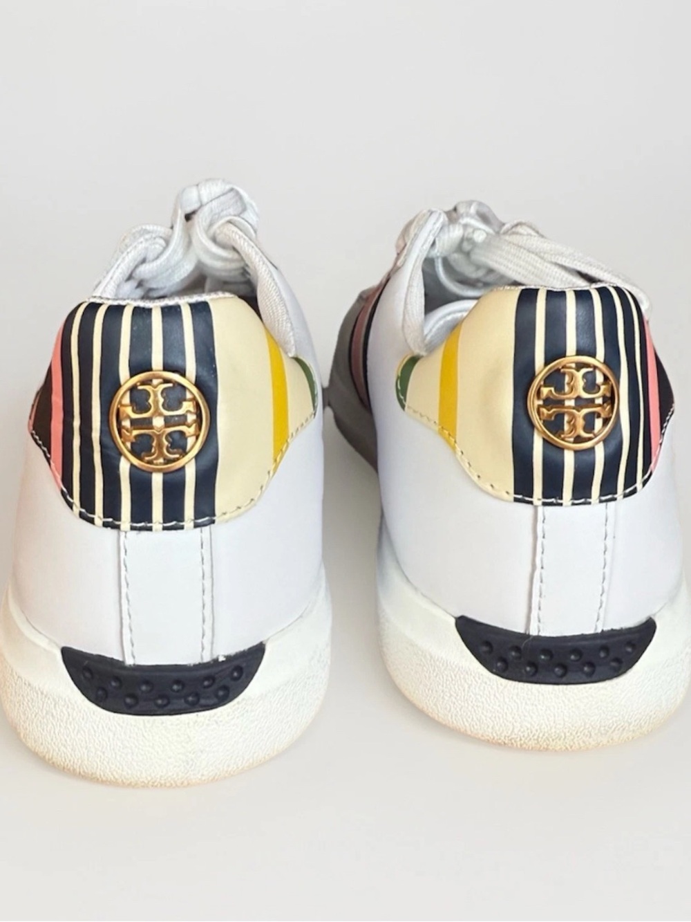 Tory Burch White Leather Sneakers w/ Pink & Black Stripe Accents ( Howell Court) - Picture 3 of 5